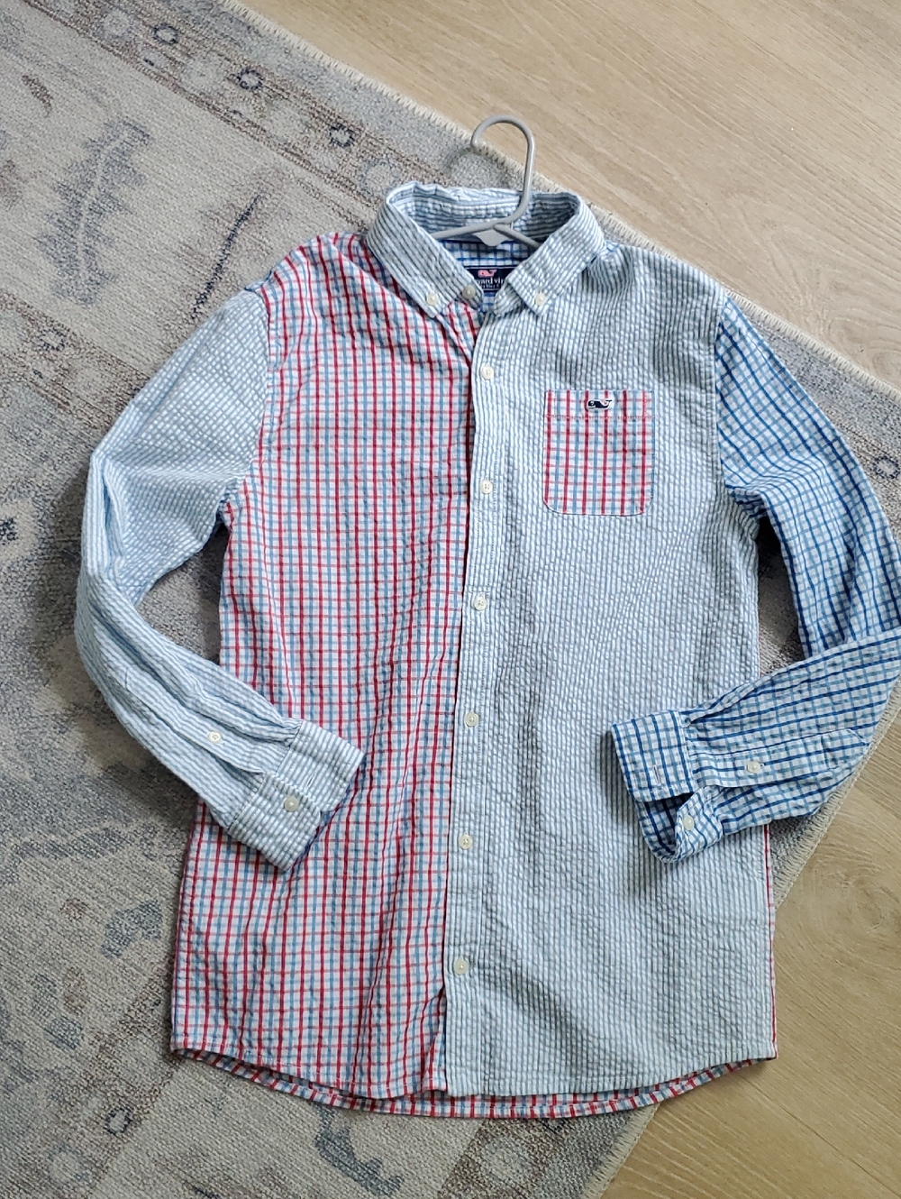 Vineyard Vines Boys Stretch Seersucker Preppy Patchwork Button Up SzM (12-14)